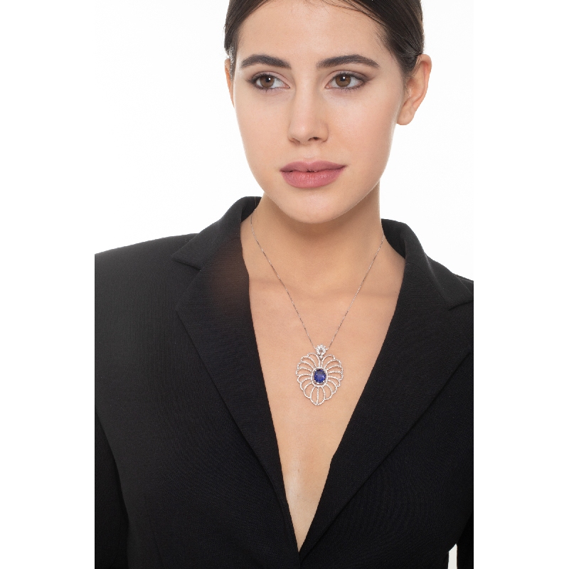 Weißgold-Damenkette mit Diamant- und Saphir-Anhänger