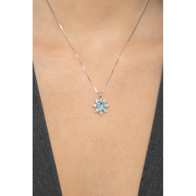 Weißgoldkette Damen mit Aquamarin- und Diamantanhänger 