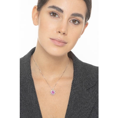 Weißgold Kette Damen Herz Rosa Saphir 