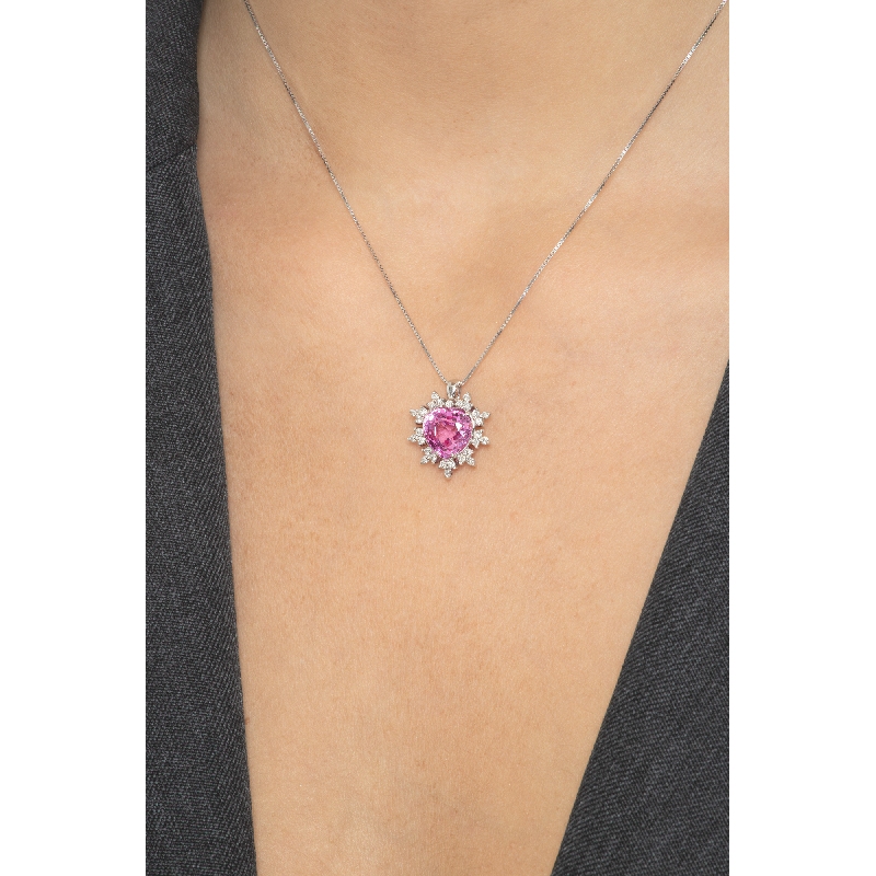 Weißgold Kette Damen Herz Rosa Saphir 