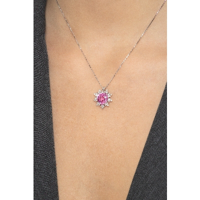 Weißgold Kette Damen Herz Rosa Saphir 