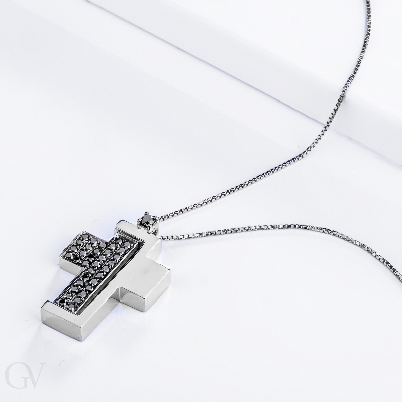 Kreuz-Kette für Herren aus Weißgold mit schwarzen Diamanten