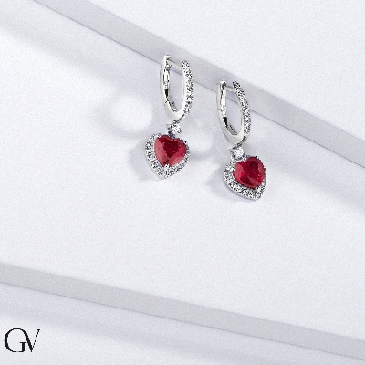 Weißgold 750 Ohrhänger mit Herzen aus Rubinen und Diamanten